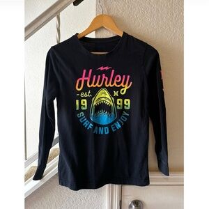 Hurley Youth Boys Large Long Sleeve Top Black Retro Rainbow Surf Sporty Cotton